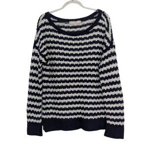 LOFT Stripe Crochet Knit Sweater Womens Size Large Blue White Nautical Casual